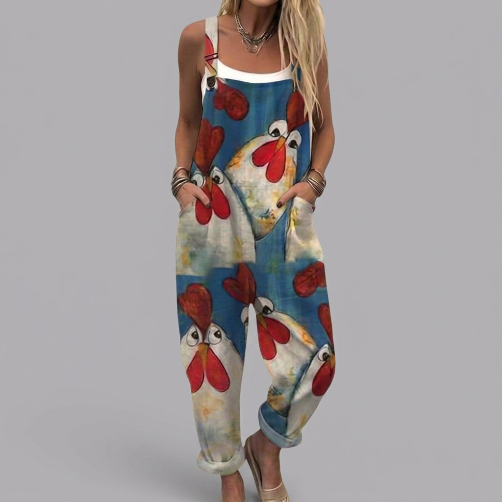 Brigid - Printed romper with funny chickens