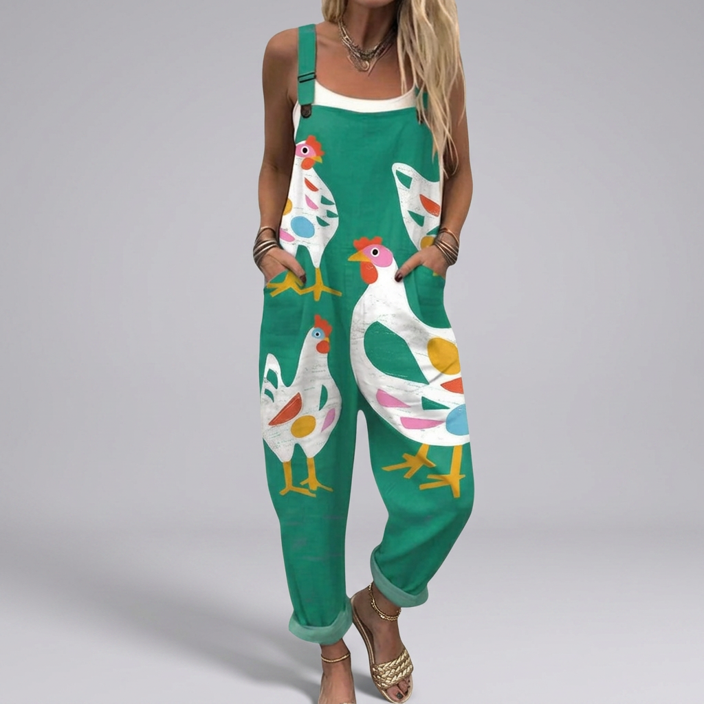 Deirdre - Printed dungarees with colorful chickens