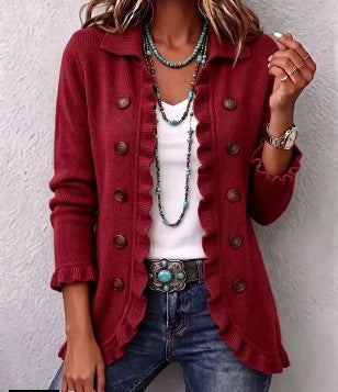 Marta | Veste côtelée rouge rubis à volants