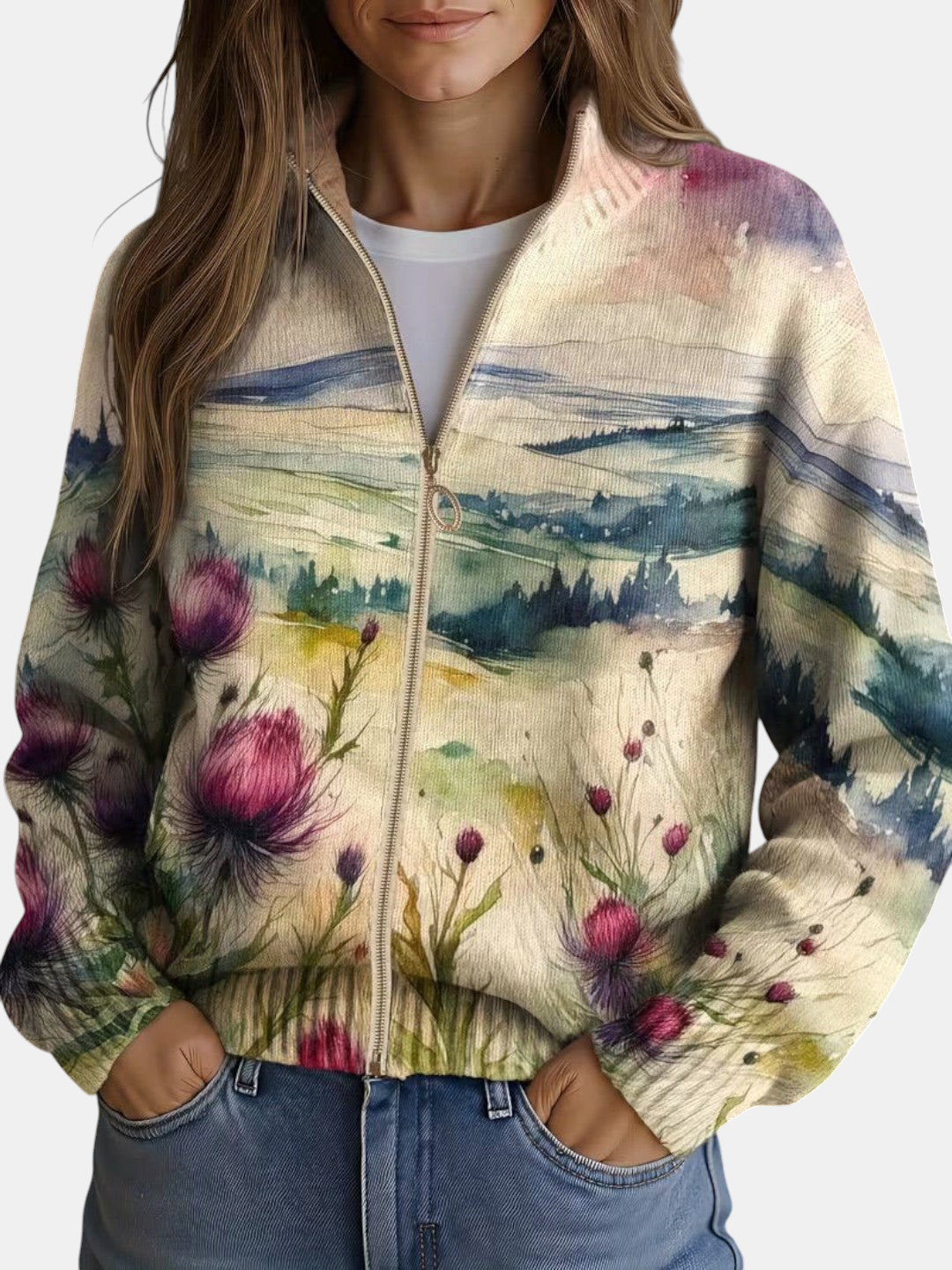 Cardigan Emma Genève Montserrat à fermeture éclair avec motif aquarelle de chardons et paysage en tons bleu et violet