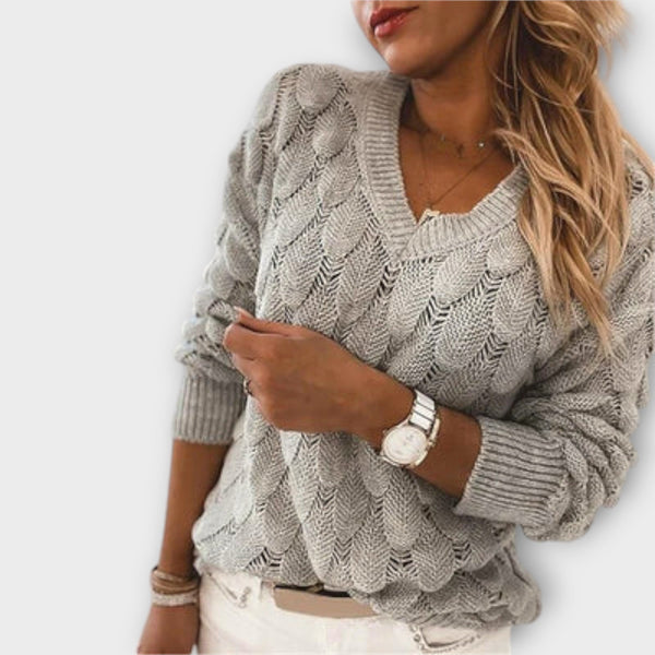 Noemier - Pull Gris à Col V et Motif Ajouré