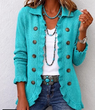 Silvana | Veste côtelée turquoise à volants